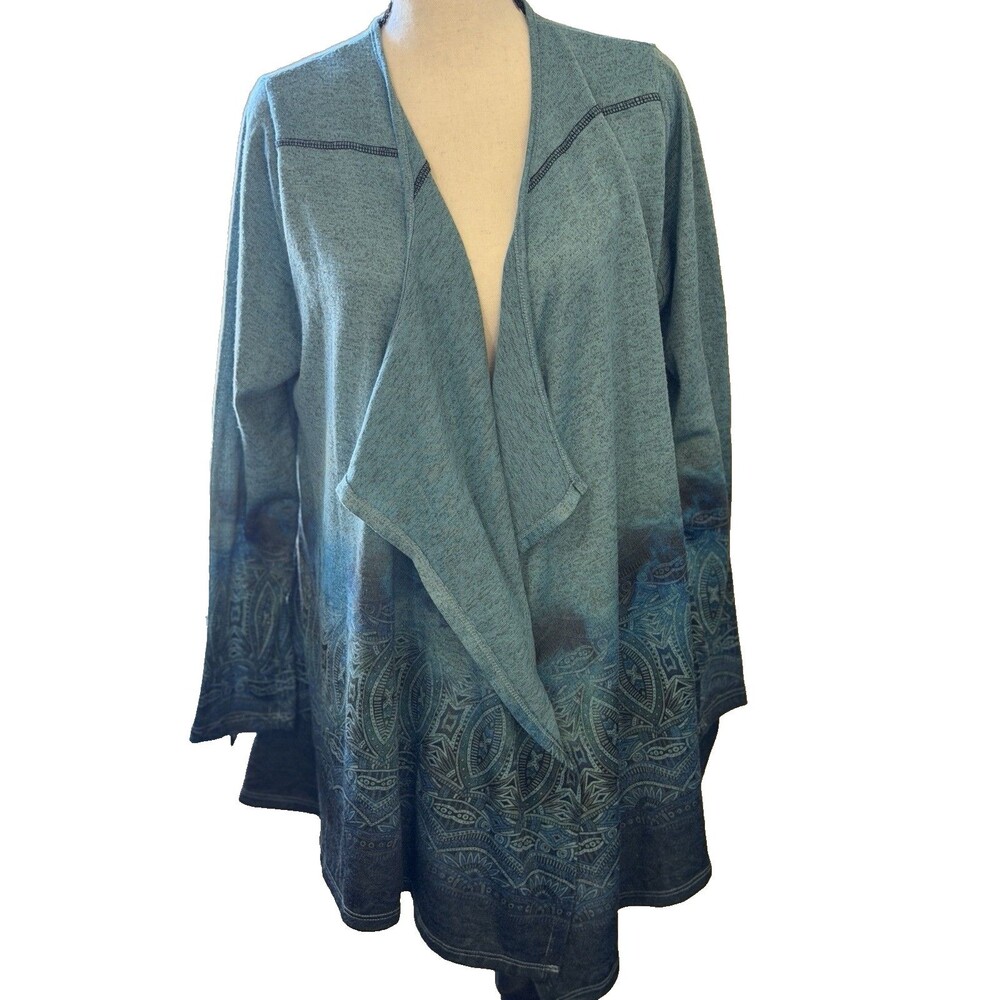 One World Women's 1X Teal Paisley Ombre Waterfall Cardigan Boho Open Front - Picture 1 of 8